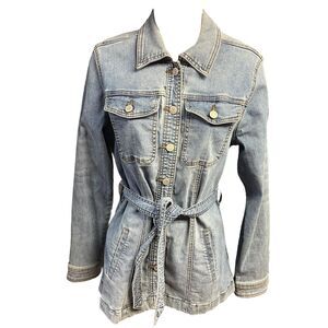 Maurice's Jean Jacket Belted Blue Denim Pockets Button Down All Seasons Stretch